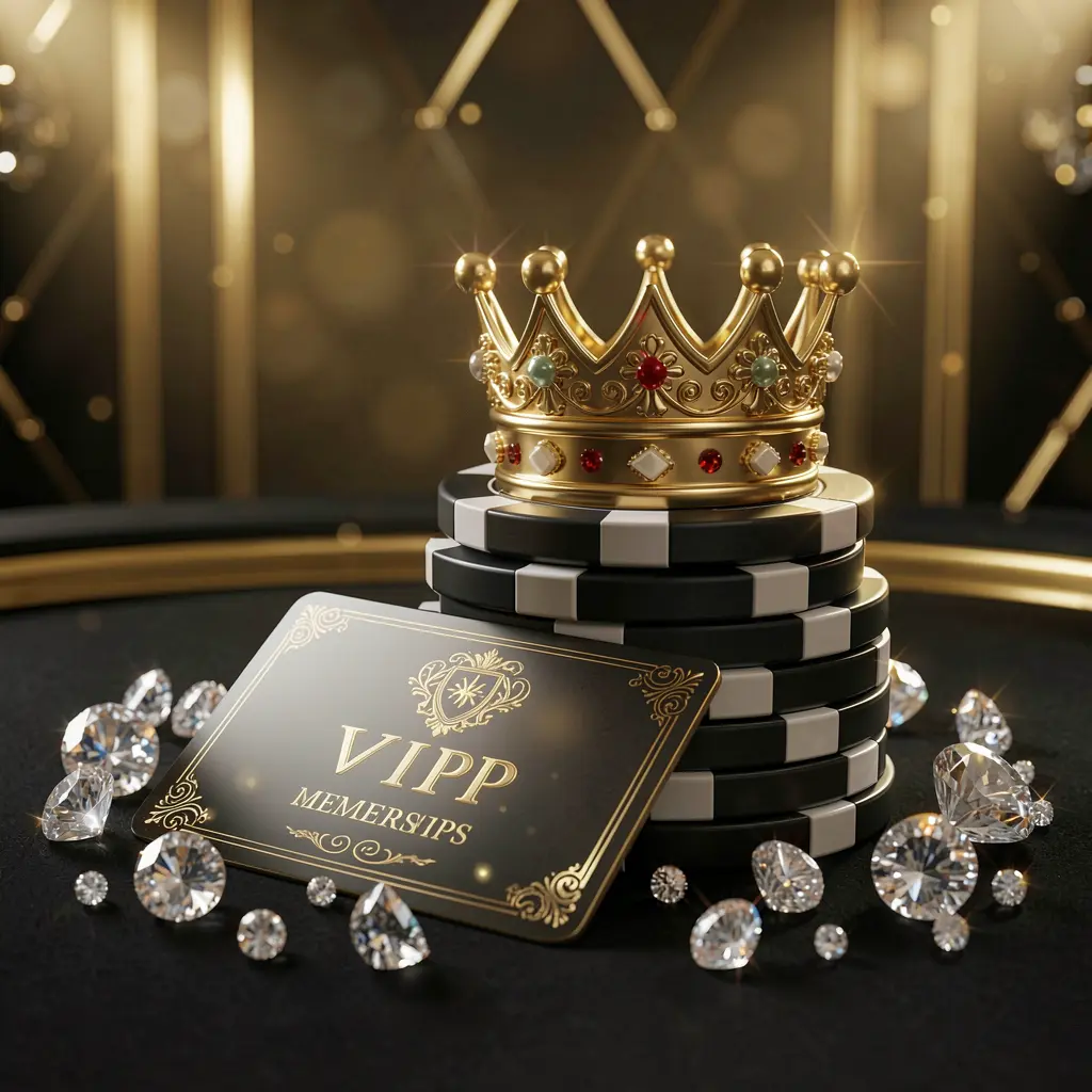 Konsep hadiah kasino VIP KA789 yang menampilkan mahkota emas elegan di atas chip poker dengan latar belakang hitam dan emas mewah, berlian berkilau, dan kartu keanggotaan premium dalam suasana kasino eksklusif kelas atas