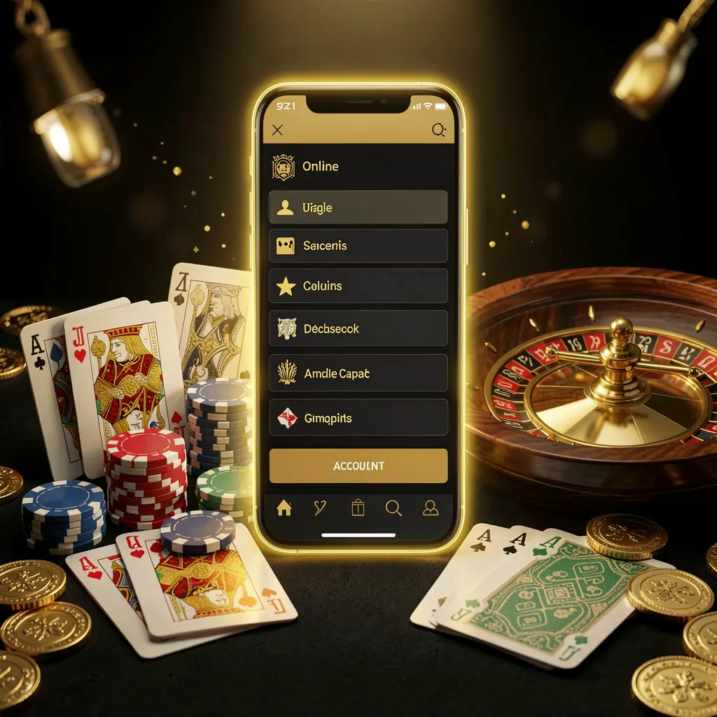 Visual portal akun kasino daring KA789 yang menampilkan ponsel pintar bercahaya, kartu premium, chip, roda roulette, dan koin dengan latar belakang hitam dan emas serta pencahayaan sinematik dalam render 3D realistis