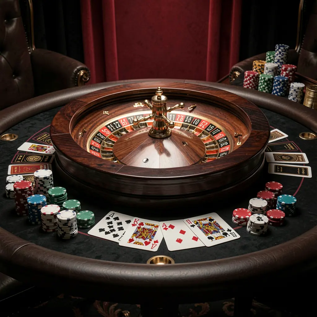 Gambar utama platform kasino daring KA789 yang menampilkan meja permainan elegan dengan roda roulette, kartu blackjack, chip poker, dan koin di bawah pencahayaan sinematik mewah dengan latar belakang hitam dan merah