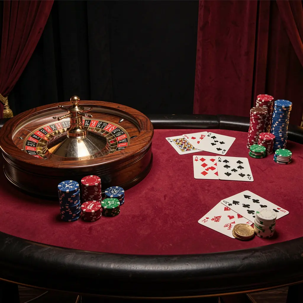 Gambar utama platform kasino daring KA789 yang menampilkan meja permainan elegan dengan roda roulette, kartu blackjack, chip poker, dan koin di bawah pencahayaan sinematik mewah dengan latar belakang hitam dan merah